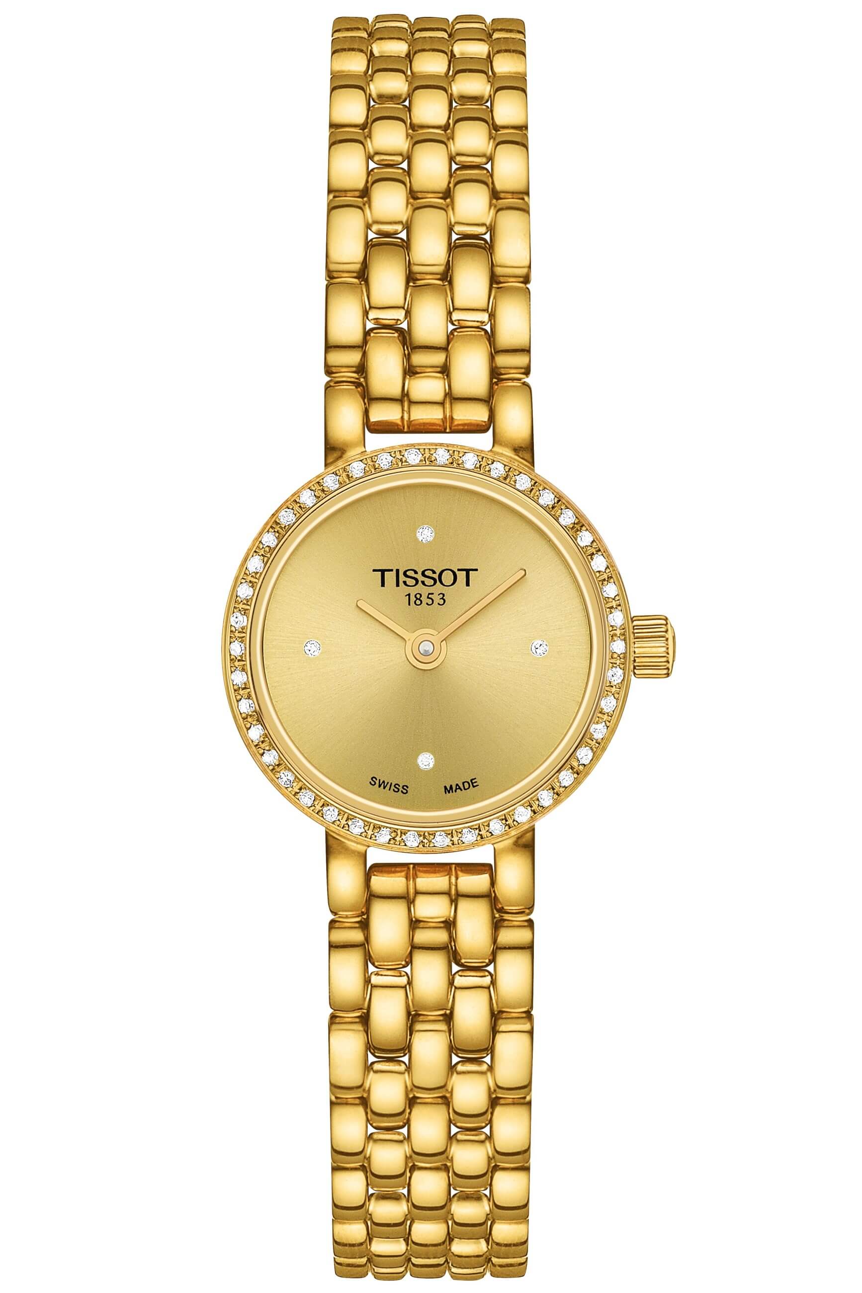 TISSOT -Lovely Damenuhr Gold Champagner mit Diamanten Quarz Saphirglas 20mm- T140.009.63.026.00