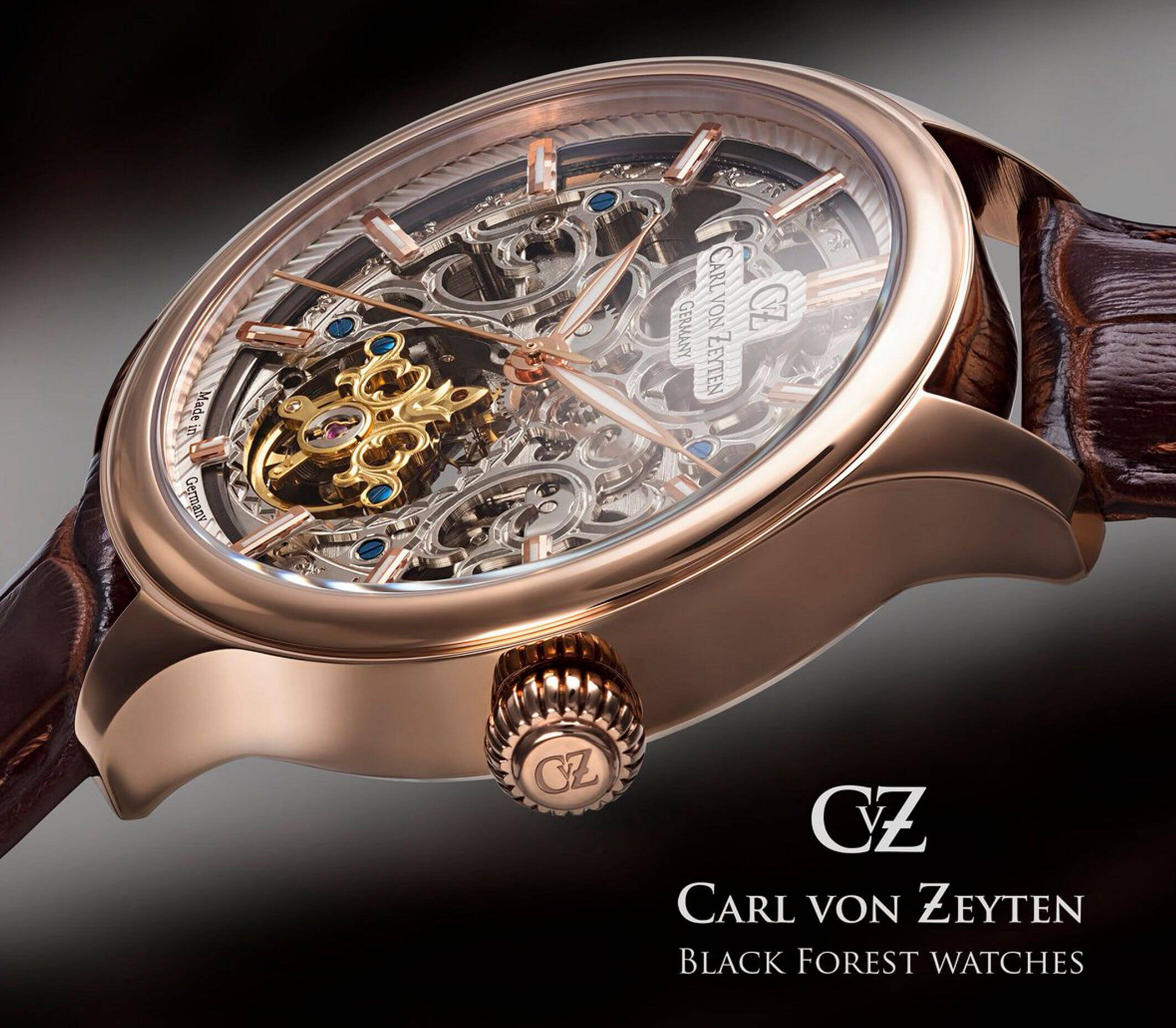 Carl von Zeyten -St.Georgen Herrenuhr Silber Braun Automatik Skelettzifferblatt 46mm- CVZ0014RSLS