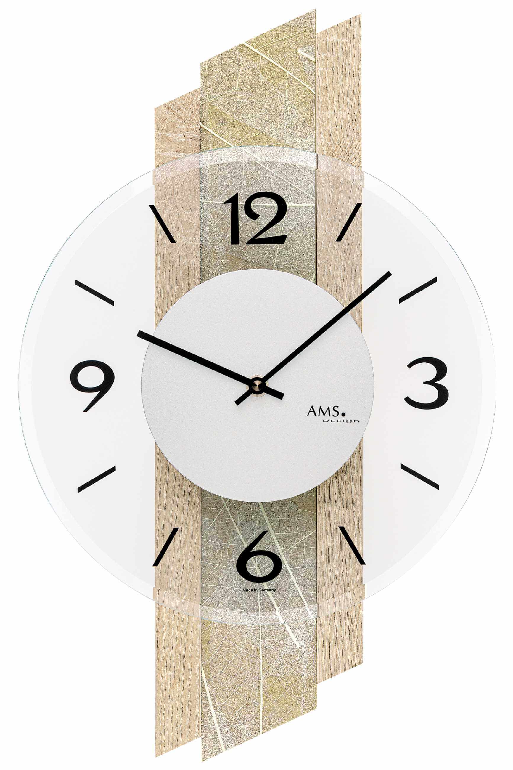 AMS -Wall clock Sonoma natural tree leaf inlay quartz 44cm- 9665