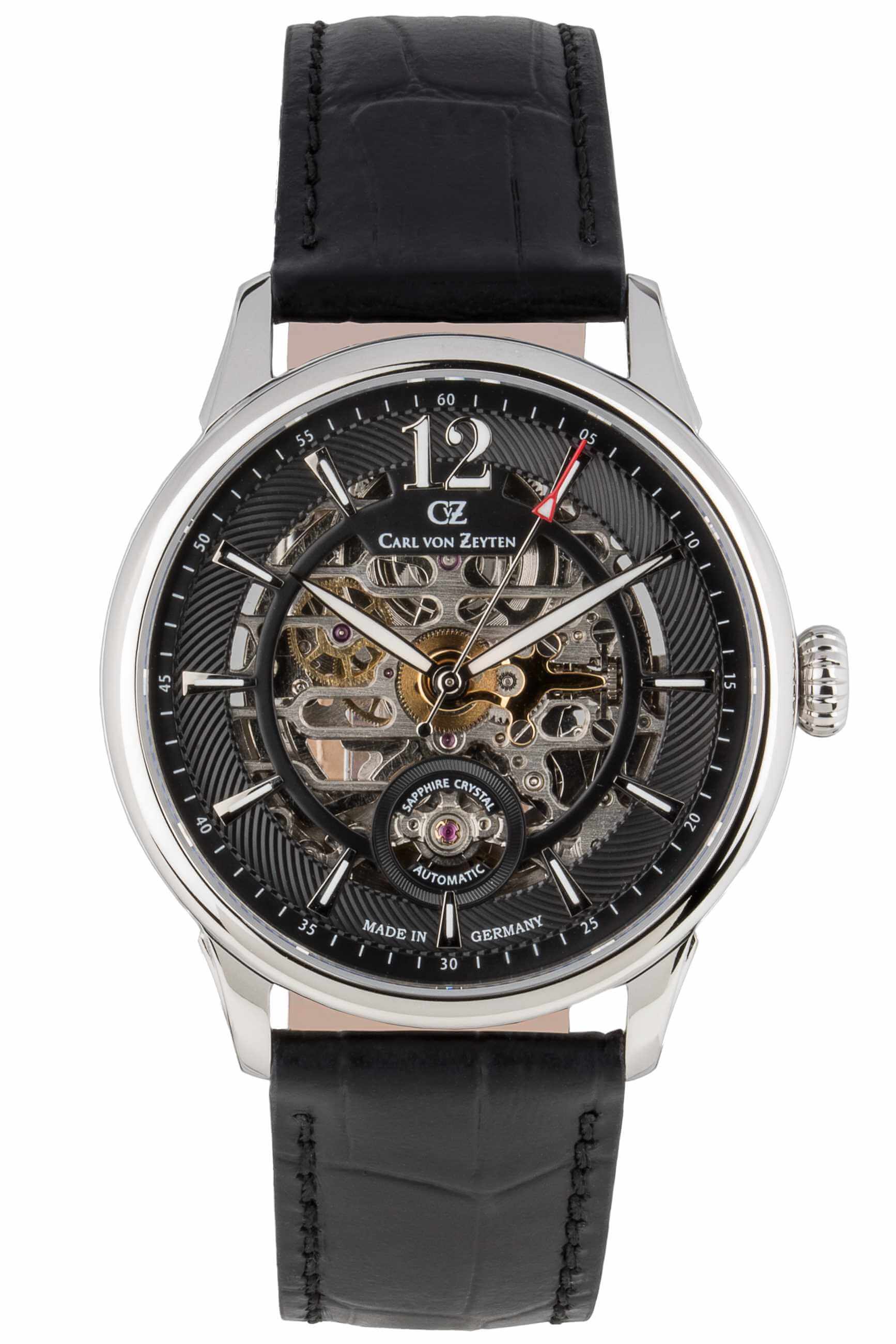 Carl von Zeyten -Schramberg Herrenuhr Schwarz Silber Skelettuhrwerk 43mm- CVZ0080BKS