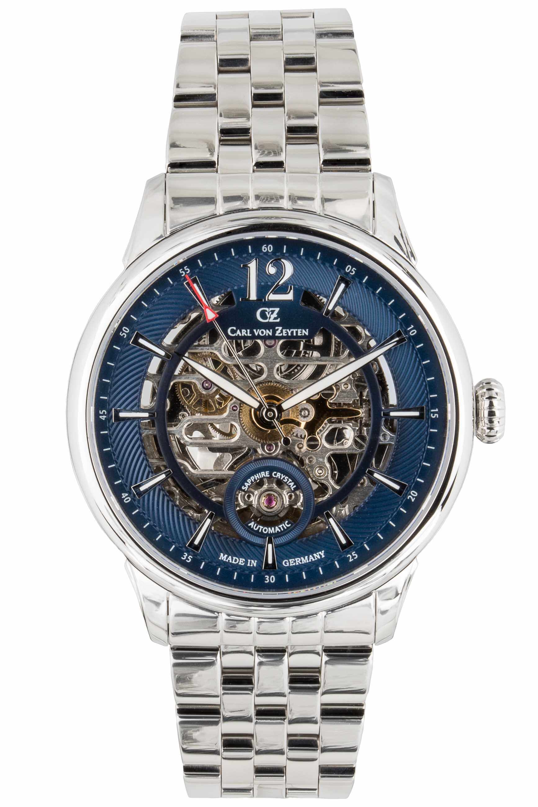 Carl von Zeyten -Schramberg Herrenuhr Silber Blau Skelettuhrwerk 43mm- CVZ0080BLMS