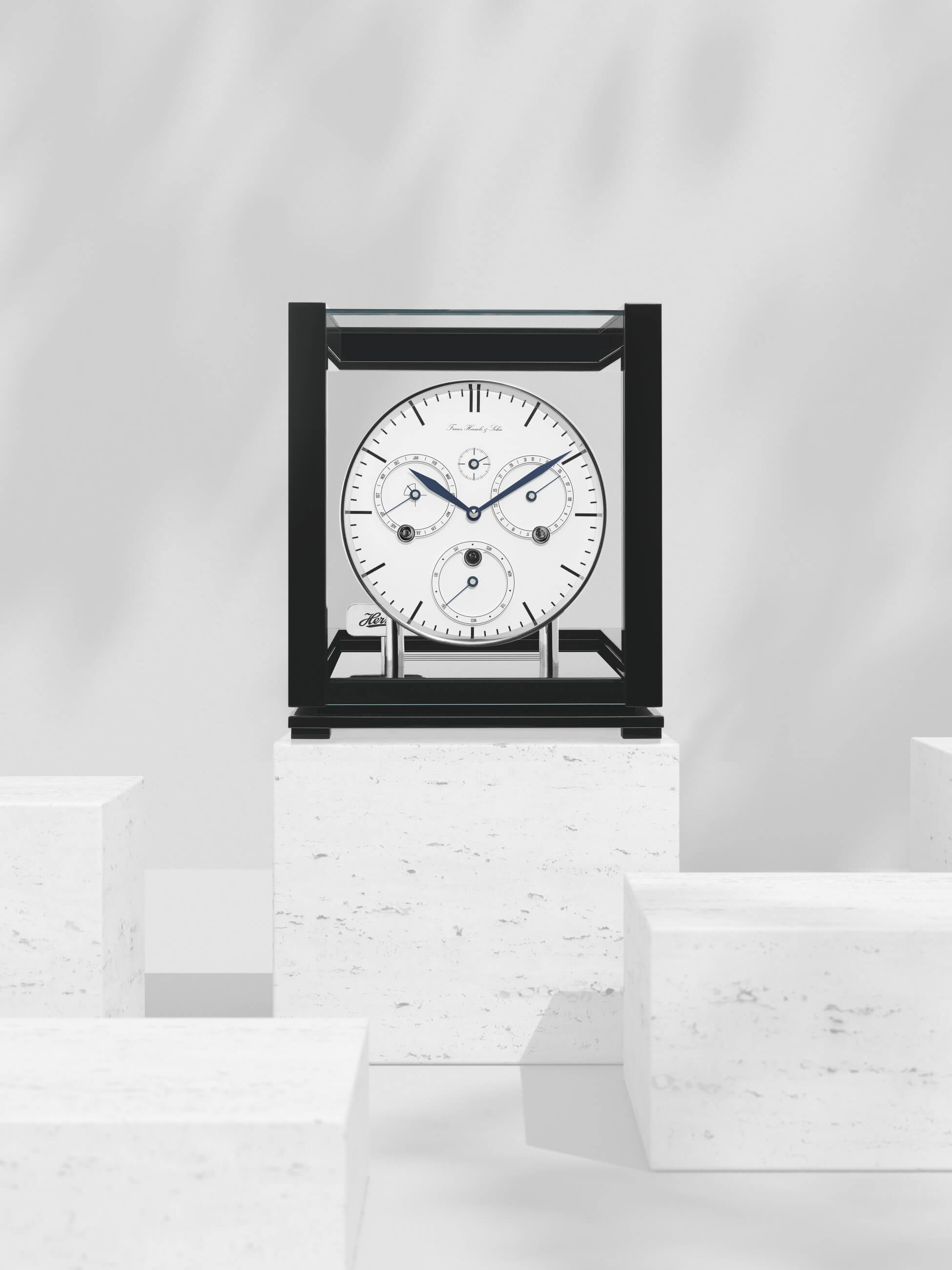 Hermle Table Clock Perpetual Calendar Black White Mechanical Westminster 30cm- 23059-740352