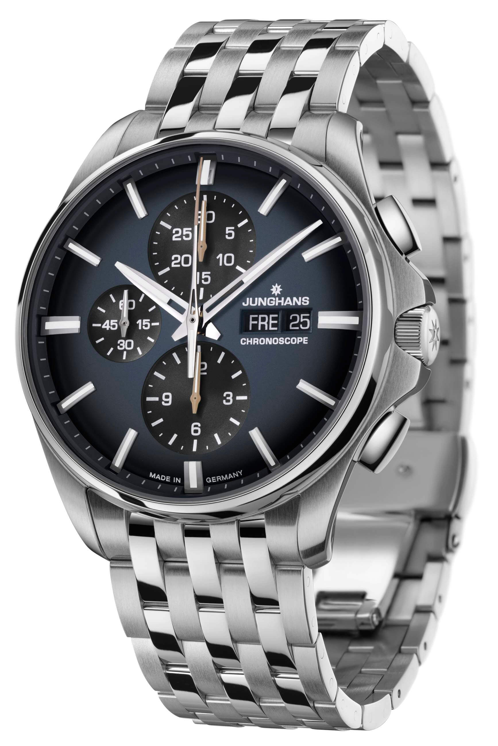 Junghans -Meister S Chronoscope men's watch blue-black silver automatic sapphire crystal 45mm- 027/4228.44
