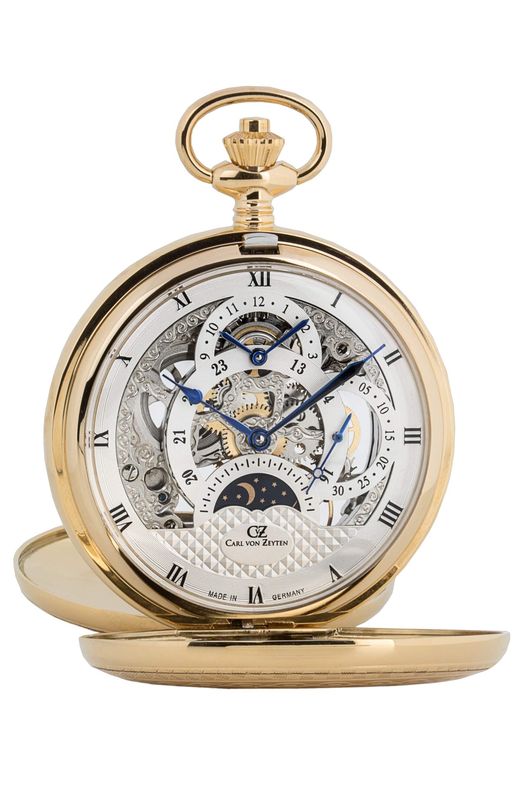 Carl von Zeyten -Alb Pocket Watch Gold Skeleton Movement Manual Winding Second Time Zone 53mm- CVZ0040GSL